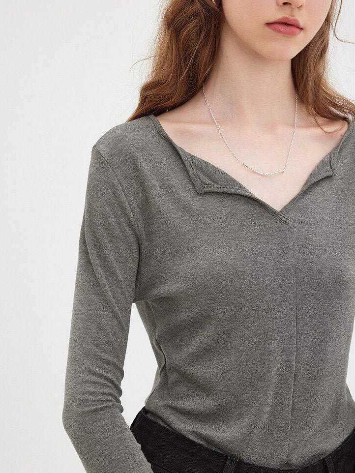 fano Soft V-neck Slim Fit Commuter Top For Women Solid Color Long Sleeve T-Shirts
