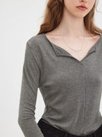 fano Soft V-neck Slim Fit Commuter Top For Women Solid Color Long Sleeve T-Shirts