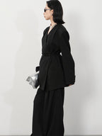 audreyyang Pleated Structured Loose Fit Double Breasted Mid Length Women Office Blazers