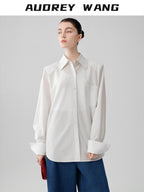 audreyyang Comfortable Polyester Blend Loose Lapel Button Long Sleeve Commuter White Shirts