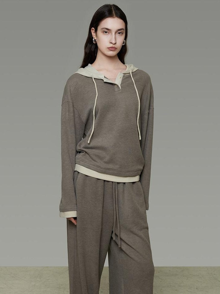 unspoken Colorblock Hooded Loose Two Piece High Waist Pants Women Casual Lounge Sets