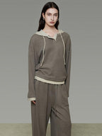 unspoken Colorblock Hooded Loose Two Piece High Waist Pants Women Casual Lounge Sets