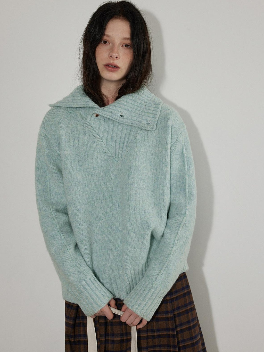 Lofi choose Cozy High Neck Loose Fit Commuter Knit Pullover Blue Polyester Sweaters