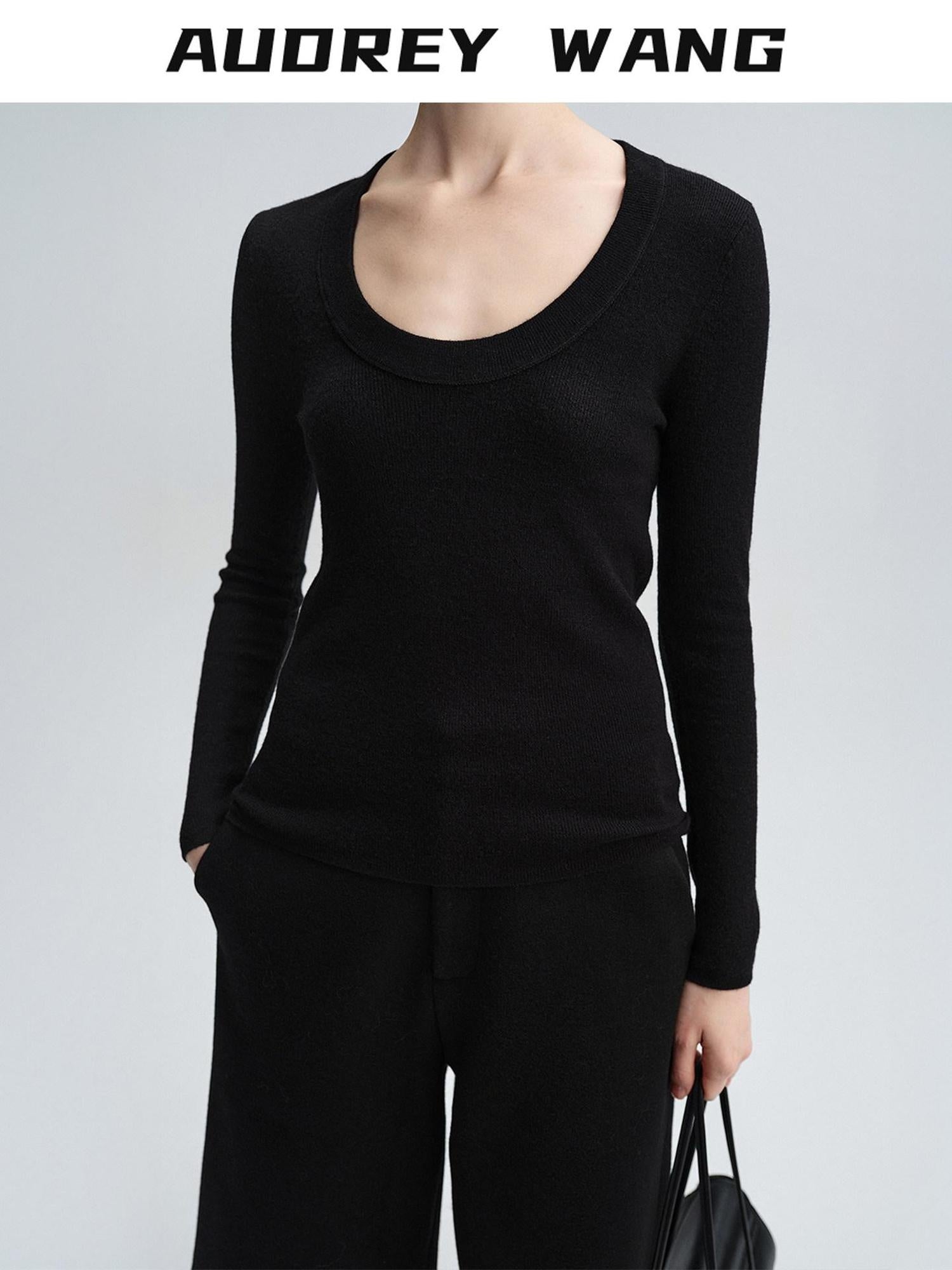 audreyyang Cozy 100% Wool Slim Fit Round Neck Pullover Women Knitwear Tops Sweaters