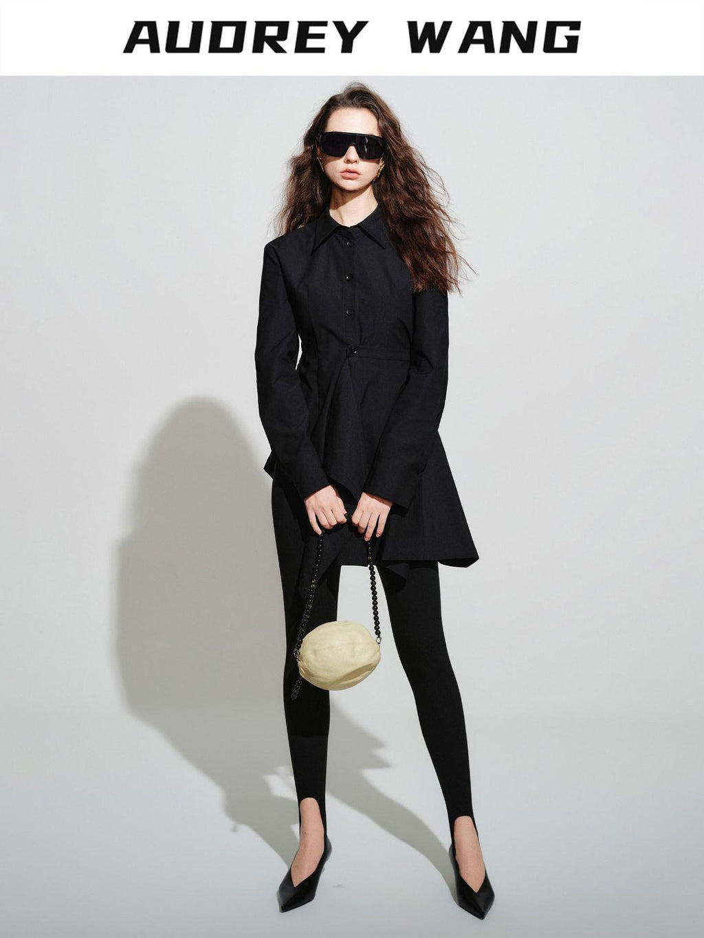 audreyyang Vintage Loose Square Neck Long Sleeve Midi Cardigan Black Polyester Blouses