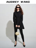 audreyyang Vintage Loose Square Neck Long Sleeve Midi Cardigan Black Polyester Blouses