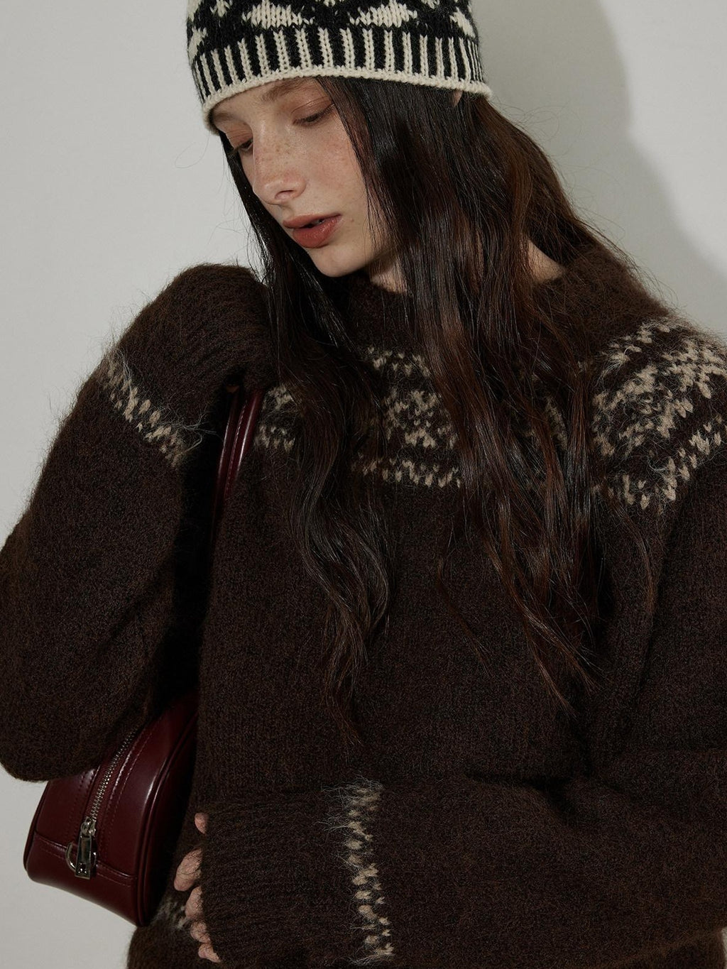 Lofi choose Thick Loose Fit Commuter Round Neck Pullover Women Knit Green Brown Sweaters