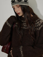 Lofi choose Thick Loose Fit Commuter Round Neck Pullover Women Knit Green Brown Sweaters