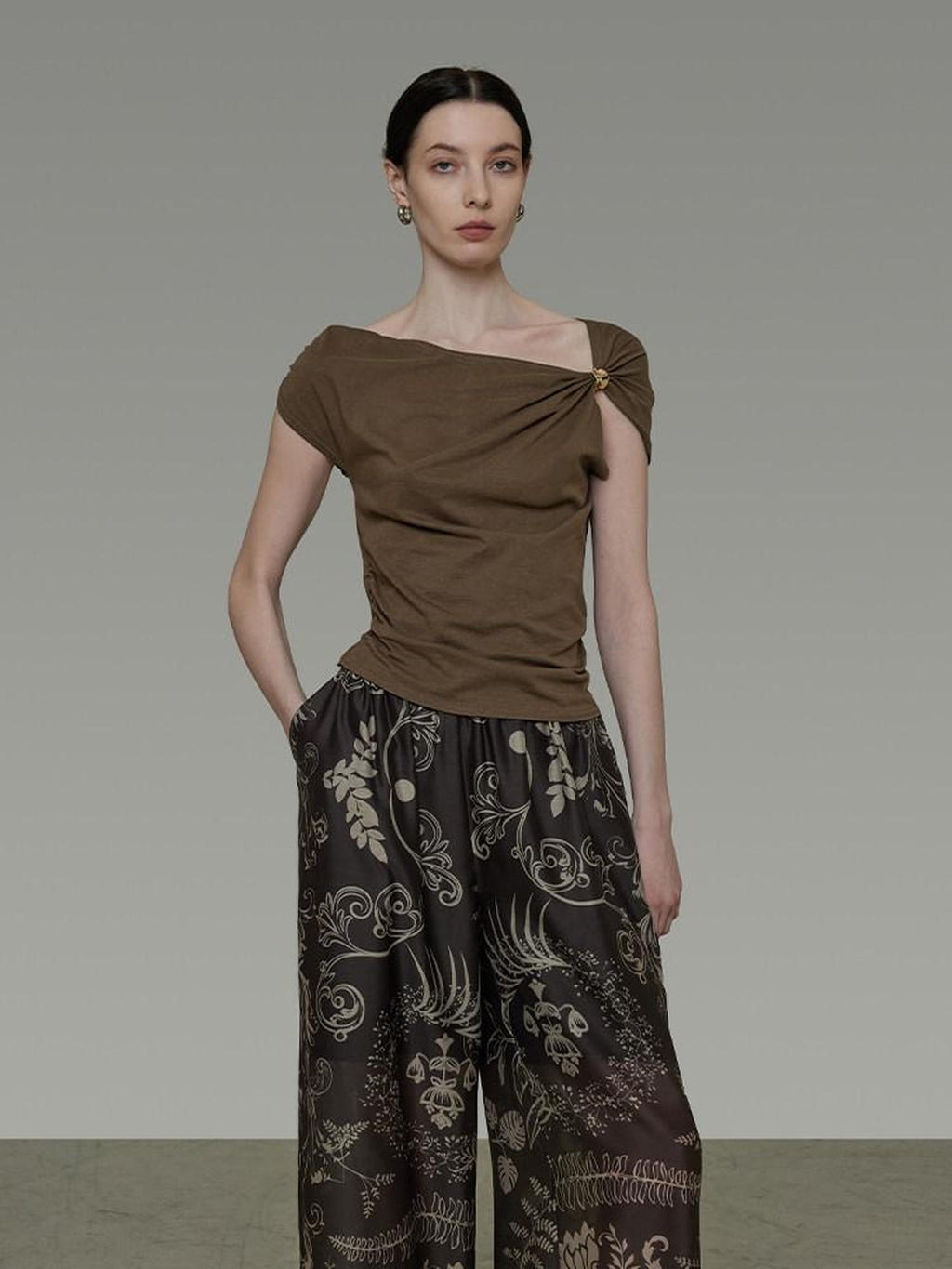 unspoken Eco Hemp Cotton 3D Detail Slim Fit Asymmetric Neck Brown Off Shoulder Crop Tops