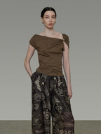 unspoken Eco Hemp Cotton 3D Detail Slim Fit Asymmetric Neck Brown Off Shoulder Crop Tops