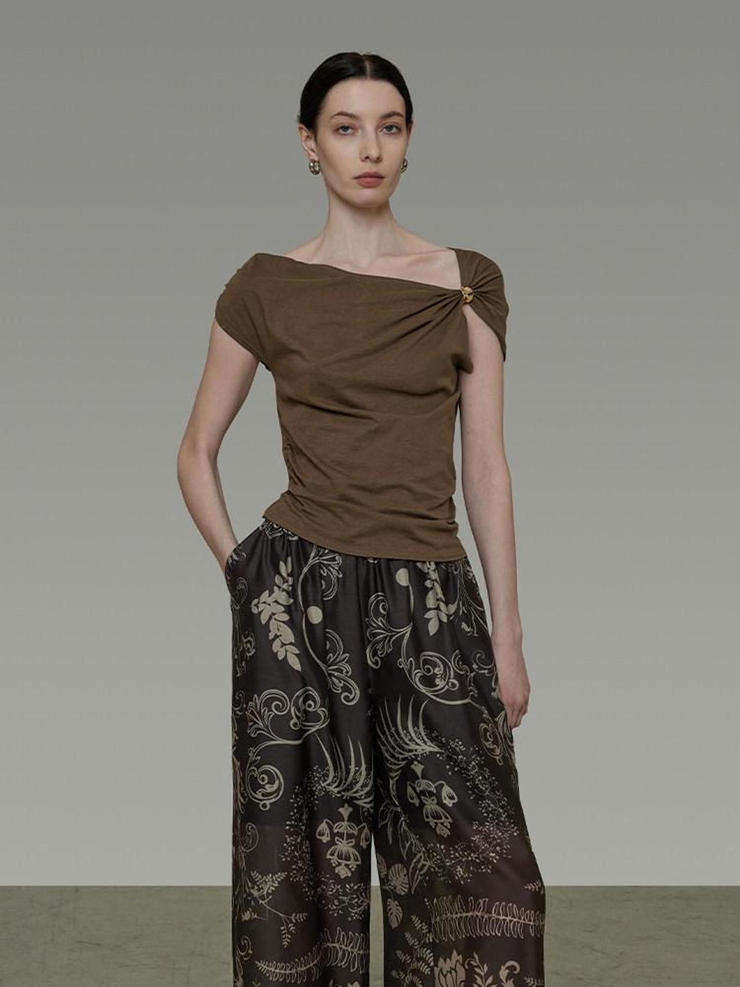 unspoken Eco Hemp Cotton 3D Detail Slim Fit Asymmetric Neck Brown Off Shoulder Crop Tops