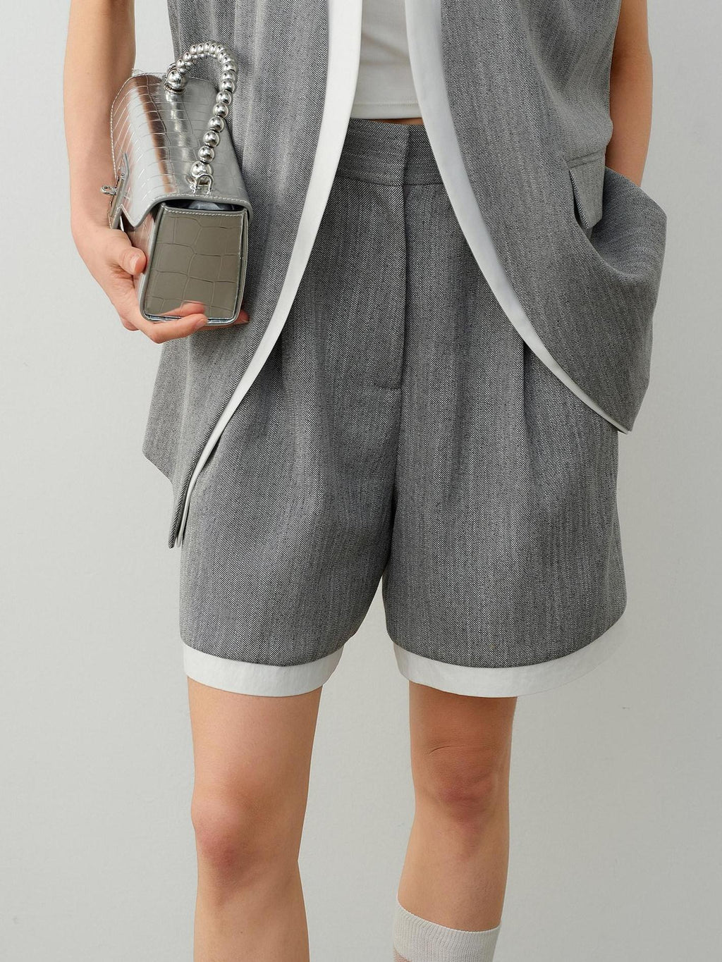 audreyyang Linen Blend Commuter Straight Natural Waist Heather Gray Mid-Length Shorts