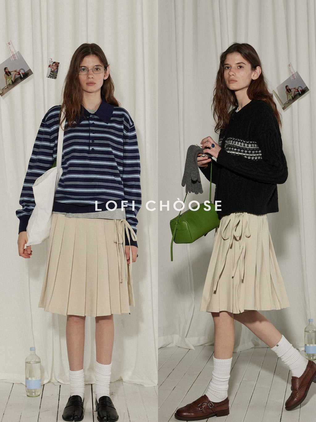 Lofi choose High Waist Vintage Pleated A Line Girly Office Apricot Polyester Midi Skirts