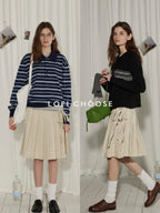 Lofi choose High Waist Vintage Pleated A Line Girly Office Apricot Polyester Midi Skirts
