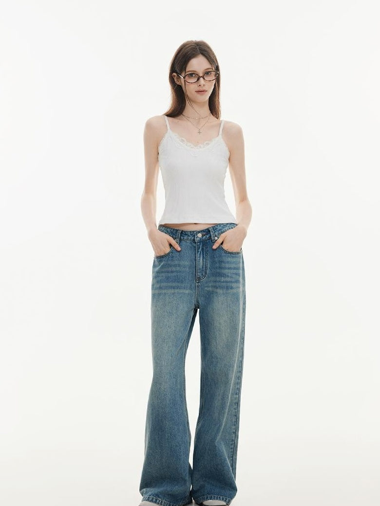 ikyou Washed Distressed Loose Casual Natural Waist Denim Blue Everyday Wide Leg Jeans