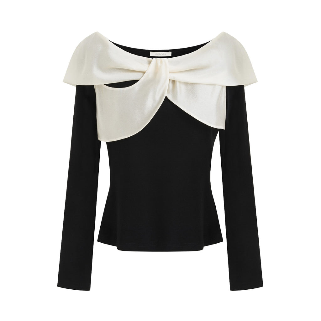 unspoken_Elegant_Slim_Fit_Knitted_Contrast_Bow_Off_Shoulder_Long_Sleeve_Women_Blouses_MISSTT