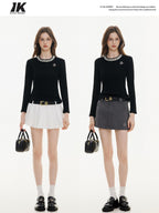 ikyou Rhinestone Soft Cotton Blend Slim Fit Workwear Black Long Sleeve T-Shirts
