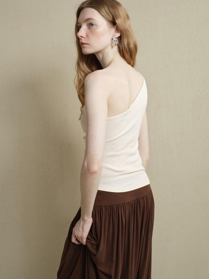 someone sometimes Soft Viscose Blend Slim Fit One Shoulder Beige Stretch Ruching Tank Tops