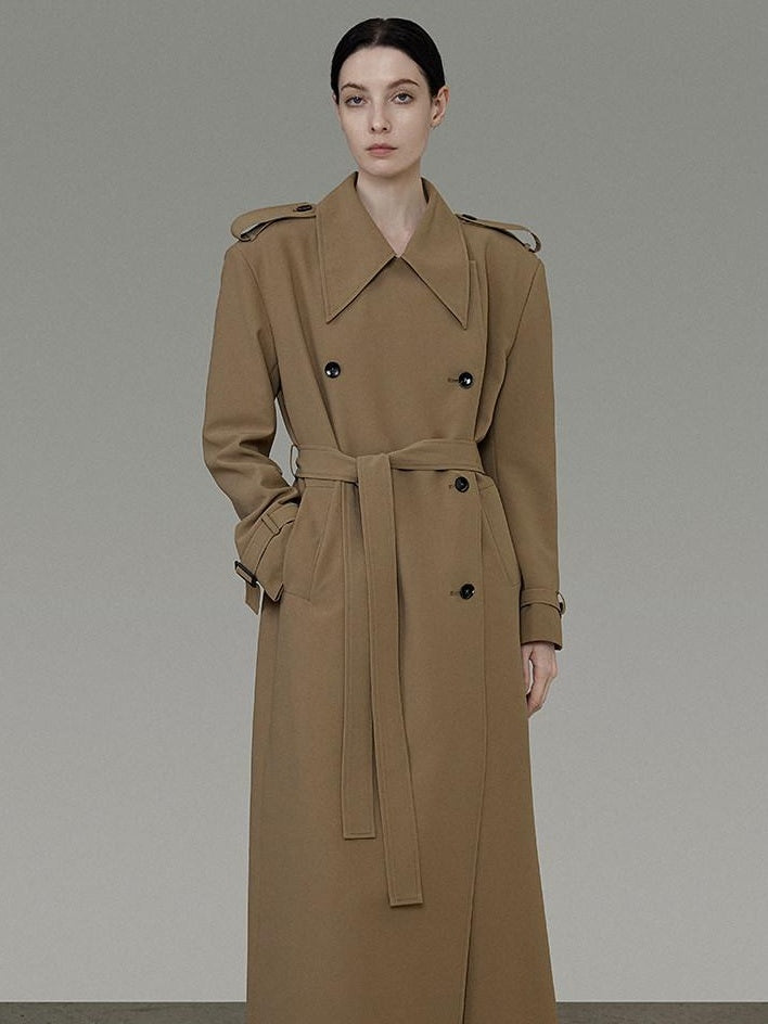 unspoken Double Breasted Straight Minimalist Office Tea Brown Longline Women Trench Coats