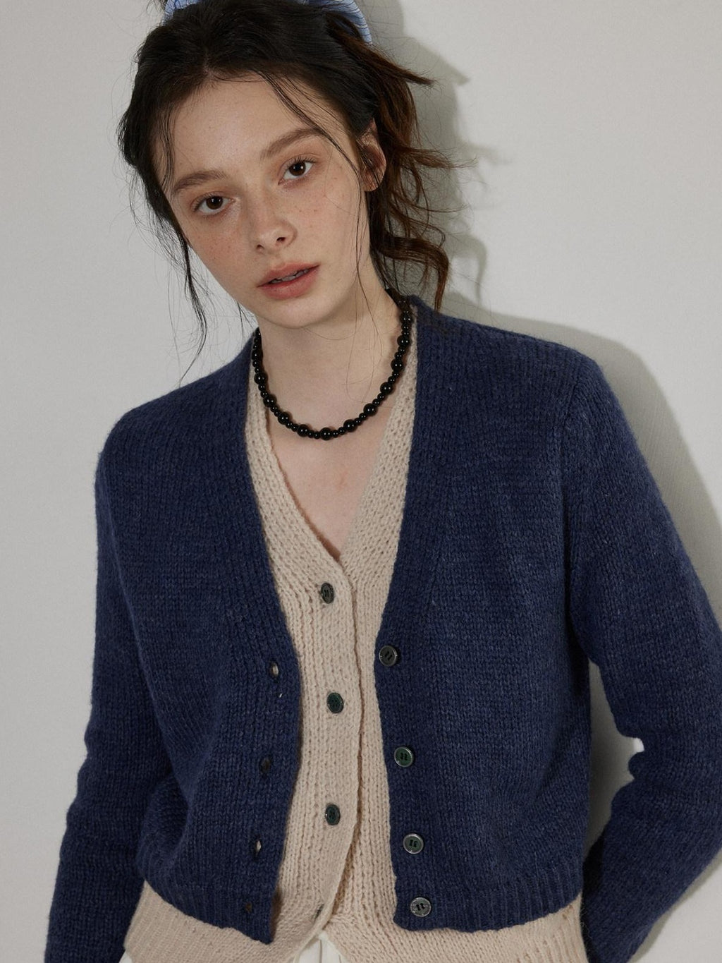 Lofi choose Faux Two Piece Layered Loose Fit V-neck Button Front Office Women Knit Cardigans