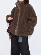 fano Warm Lambswool Plaid Stand Collar Zip Loose Fit Casual Women Brown Short Coat