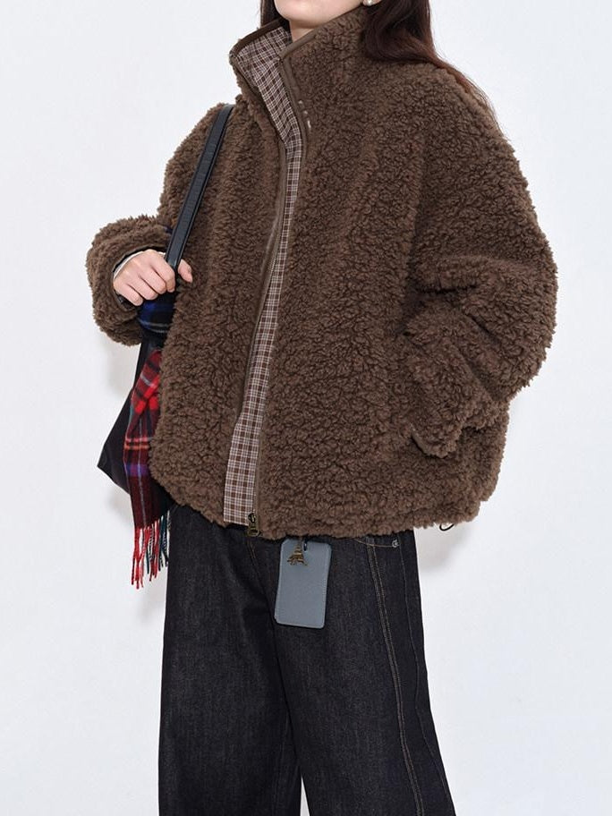 fano Warm Lambswool Plaid Stand Collar Zip Loose Fit Casual Women Brown Short Coat