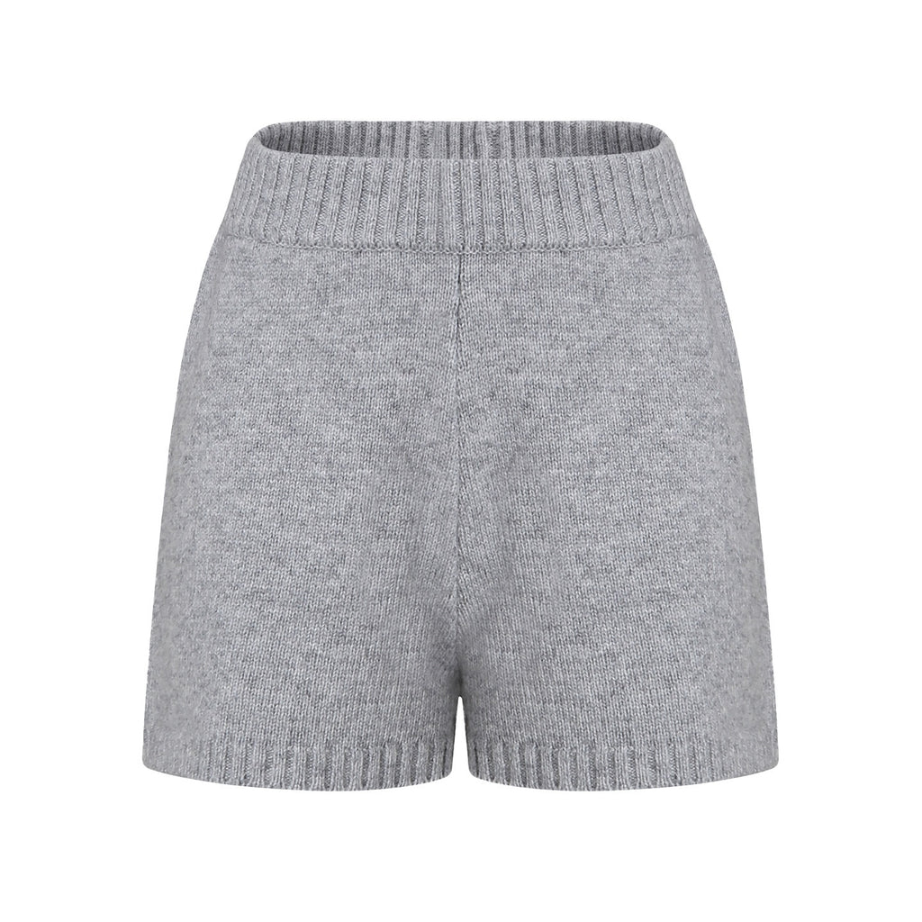 fano_Light_Heather_Gray_V-neck_Knit_Loose_Casual_Women_Top_&_Shorts_Sets_MISSTT