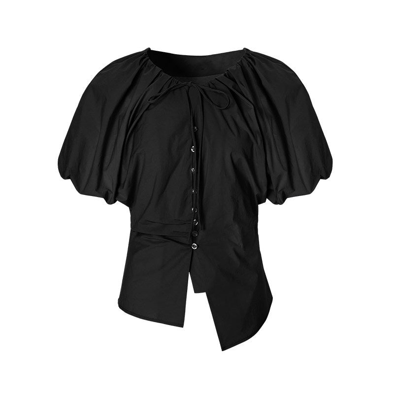 unspoken_Breathable_Cotton_Tie_Waist_Puff_Sleeve_Commuter_Women_Round_Neck_Button_Blouses_MISSTT