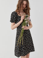 fano Viscose Square Neck Puff Sleeve A Line Casual Black Floral Maxi Dresses
