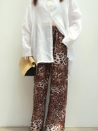 audreyyang Leopard Print Minimal Elastic Waist Natural Rise Commuter Women Wide Leg Pants