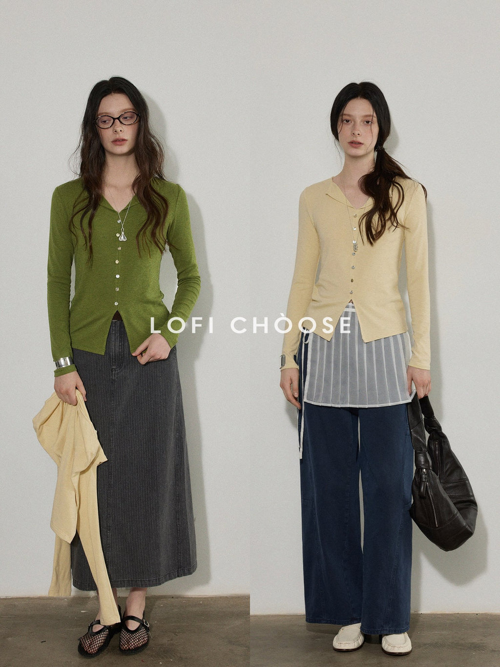 Lofi choose Cotton Stretch V-neck Slim Fit Office Women Yellow Green Long Sleeve T-Shirts
