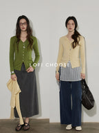 Lofi choose Cotton Stretch V-neck Slim Fit Office Women Yellow Green Long Sleeve T-Shirts