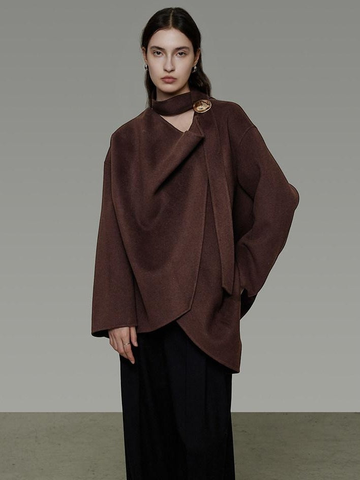 unspoken Pure Sheep Wool Lapel Collar Loose Fit 3D Cut Office Coffee Wool Coats