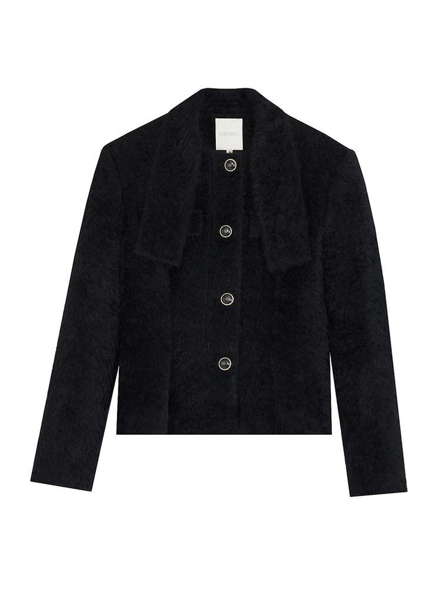 unspoken Slimming French Slim Fit Waist Cinch Stand Collar Black Nylon Women Short Coat