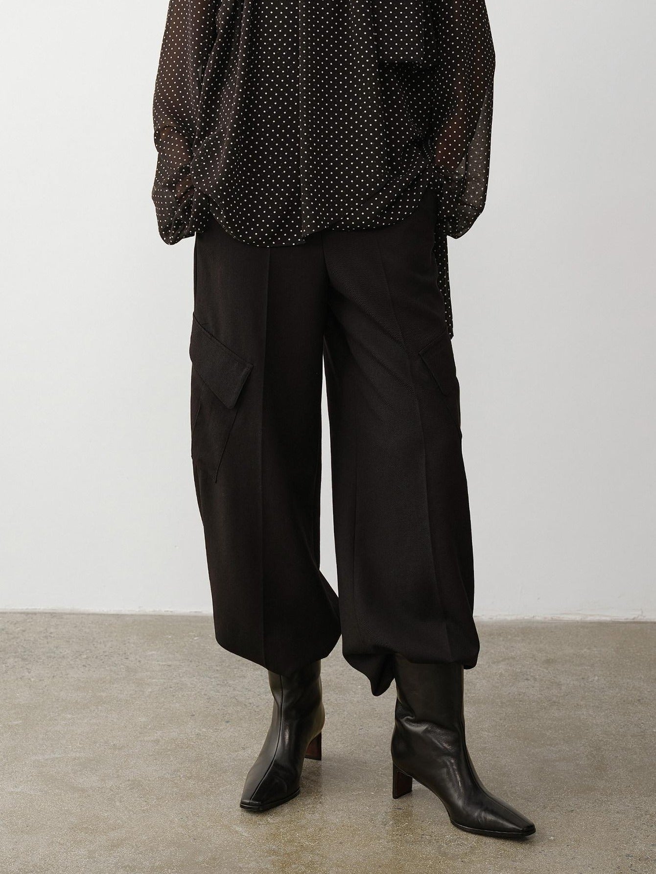 audreyyang High Waist Korean Workwear Black Polyester Viscose Wide Leg Pants