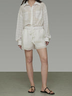 unspoken Pure Ramie Tie Waist Straight Leg Minimal Workwear Women White Mid-Length Shorts
