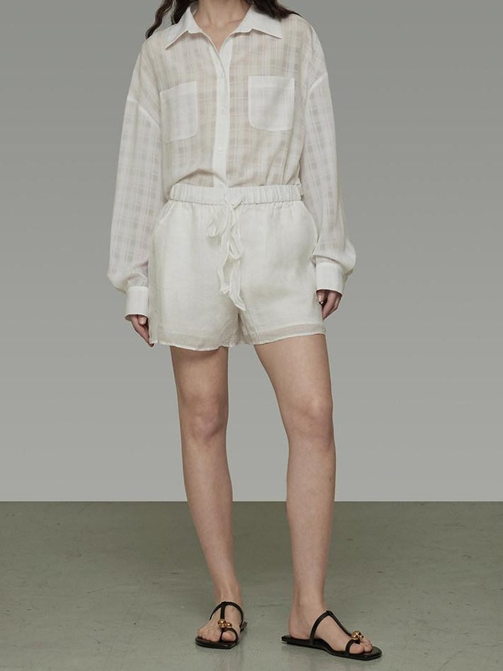 unspoken Pure Ramie Tie Waist Straight Leg Minimal Workwear Women White Mid-Length Shorts