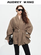 audreyyang Tie Front Vintage Oversized Batwing Sleeve Women Polyester Cropped Jackets