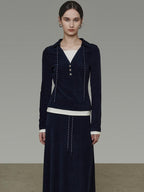unspoken Breathable Slim Fit V-neck Knit Three Piece High Waist Navy Women Lounge Sets
