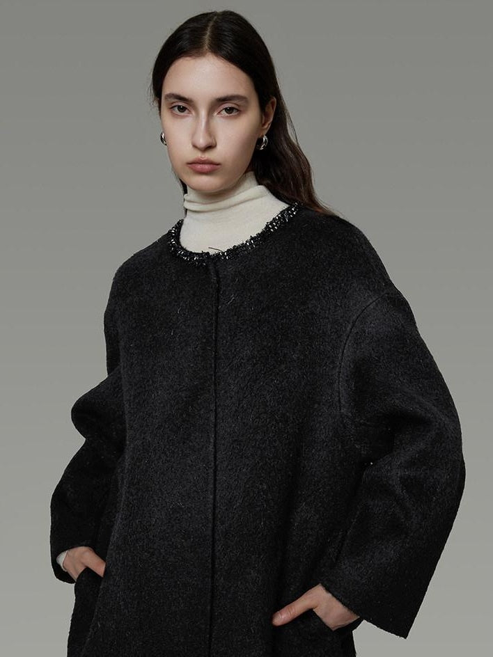 unspoken Heavyweight Lambswool Blend Minimal Commuter Loose Longline Black Wool Coats