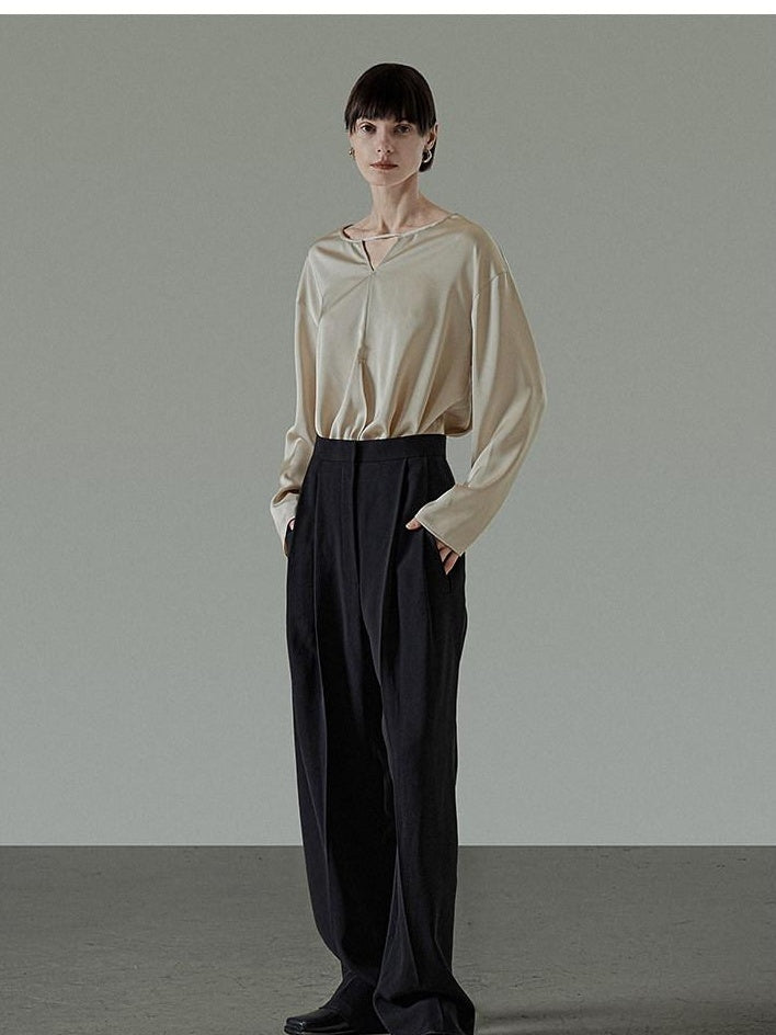 unspoken Skin Friendly Breathable Minimal Loose V-neck Longsleeve Women Champagne Blouses