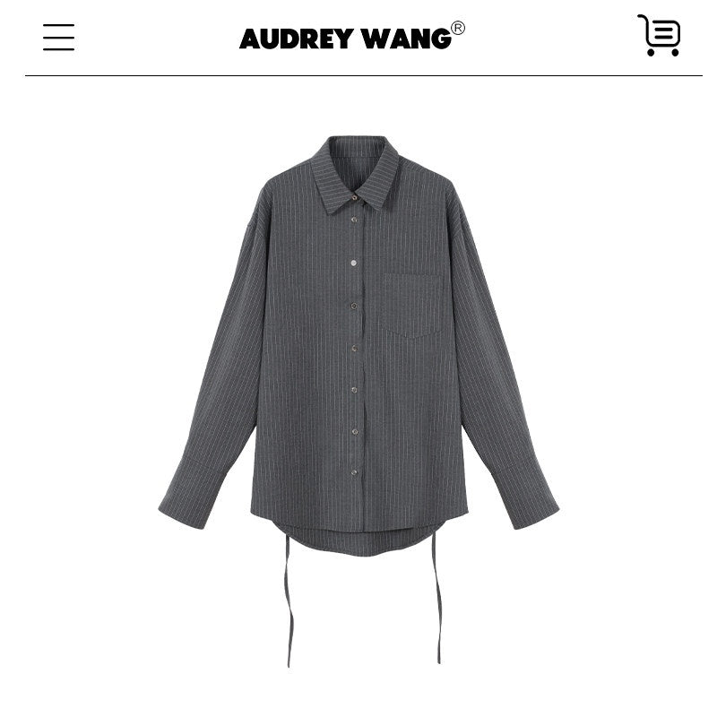 audreyyang_Striped_Relaxed_Lapel_Button_Long_Sleeve_Casual_Women_Polyester_Top_&_Pants_Sets_MISSTT
