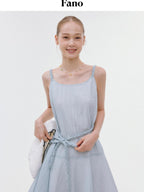 fano Elegant High Waist Aline Sleeveless Tie Waist Lyocell Light Blue Midi Dresses