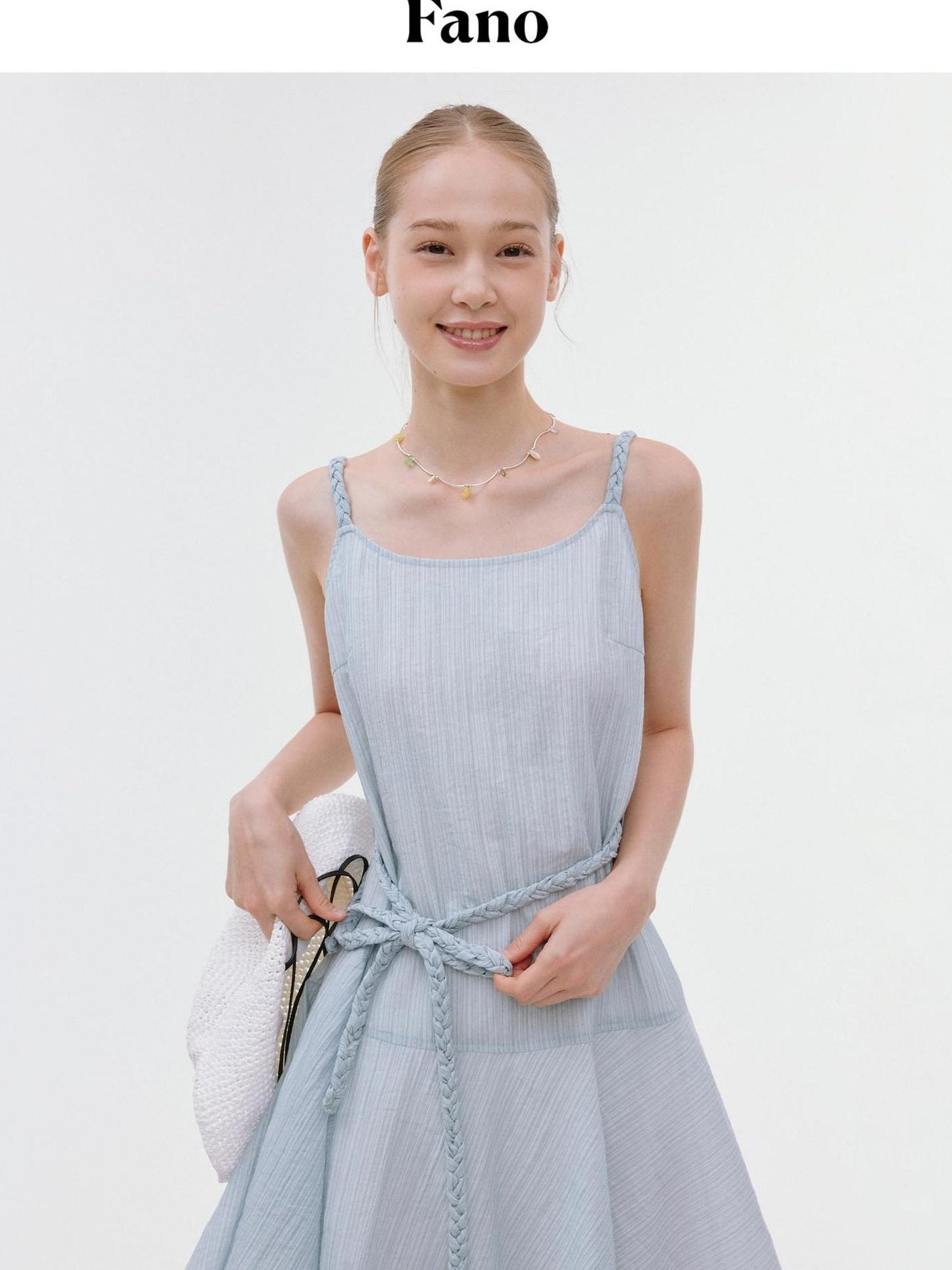 fano Elegant High Waist Aline Sleeveless Tie Waist Lyocell Light Blue Midi Dresses