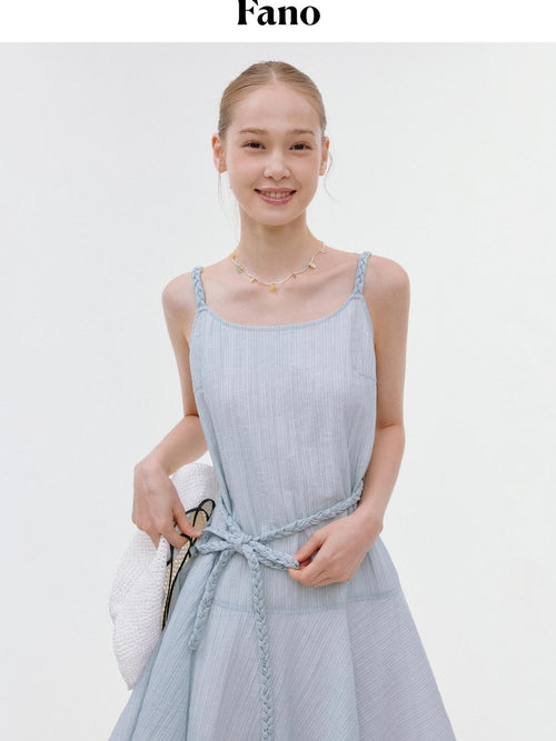 fano Elegant High Waist Aline Sleeveless Tie Waist Lyocell Light Blue Midi Dresses