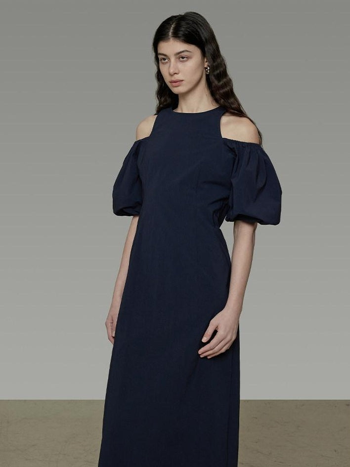 unspoken Slimming Waist A Line Irregular Hem Puff Sleeve City Navy Maxi Dresses