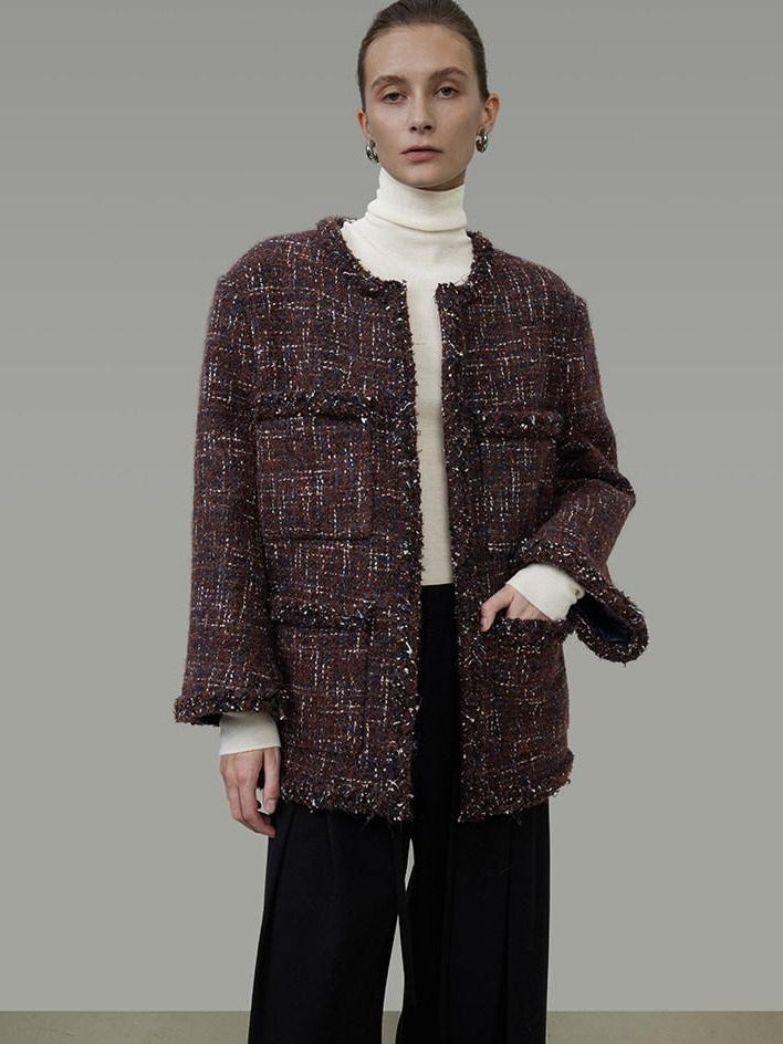 unspoken Warm Wool Blend Button Front Round Neck Relaxed Fit Office Women Short Coat