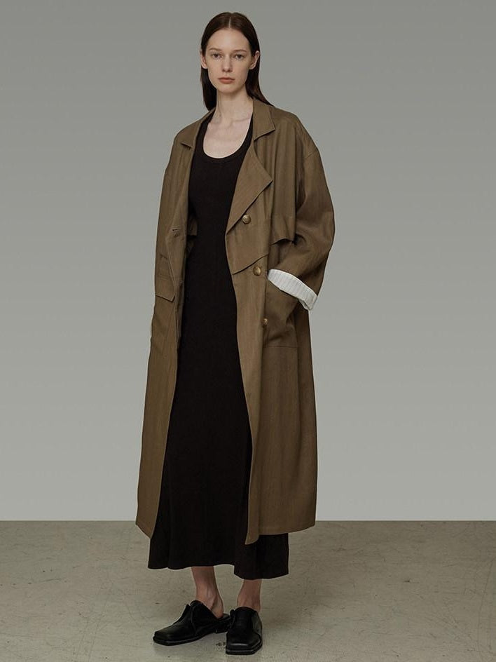 unspoken Minimalist Commuter Loose Long Single Breasted Women Olive Brown Trench Coats