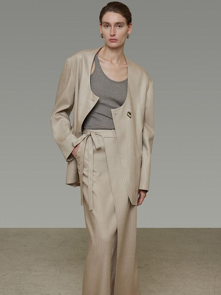unspoken Breathable Tencel Loose Collarless No Button Minimalist Beige Women Blazers