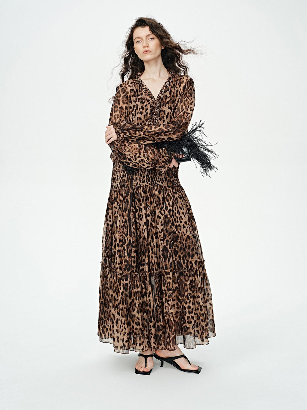 audreyyang Silk Blend Leopard Print A Line Fitted Waist Long Sleeve Vacation Maxi Dresses